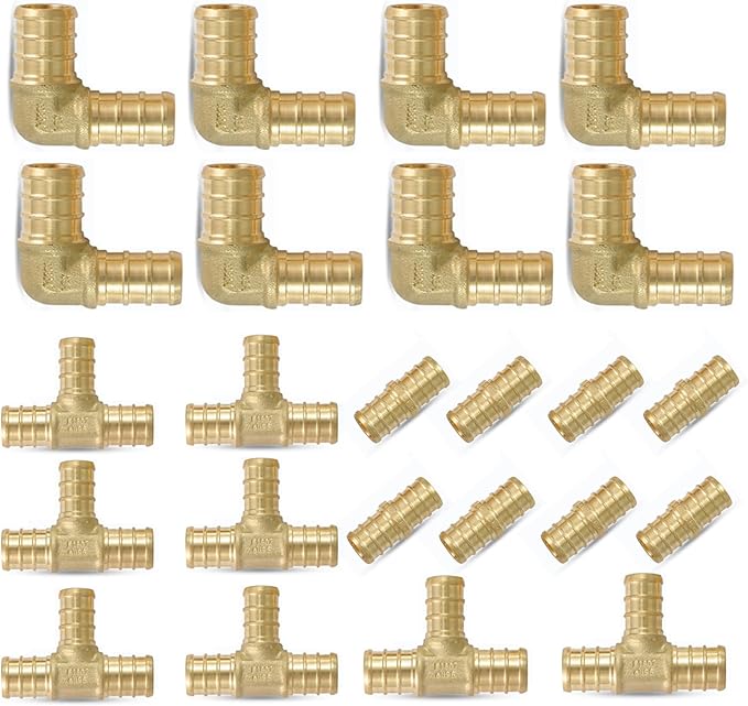 PEX Fittings (24 PC), 90 Degree Elbow (8) + Tee (8) + Straight Coupling (8), Brass Crimp Fitting Combo for PEX Pipe Tubing Connection, ASTM F1807