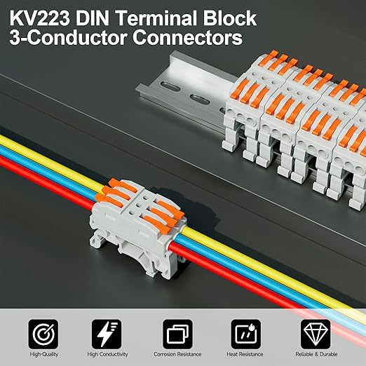 5Pcs DIN Terminal Blocks, 3 Conductor Compact Wire Conductor Splicing Connectors, KV223 Lever Wire Connectors for AWG 28-12, 600V 32A