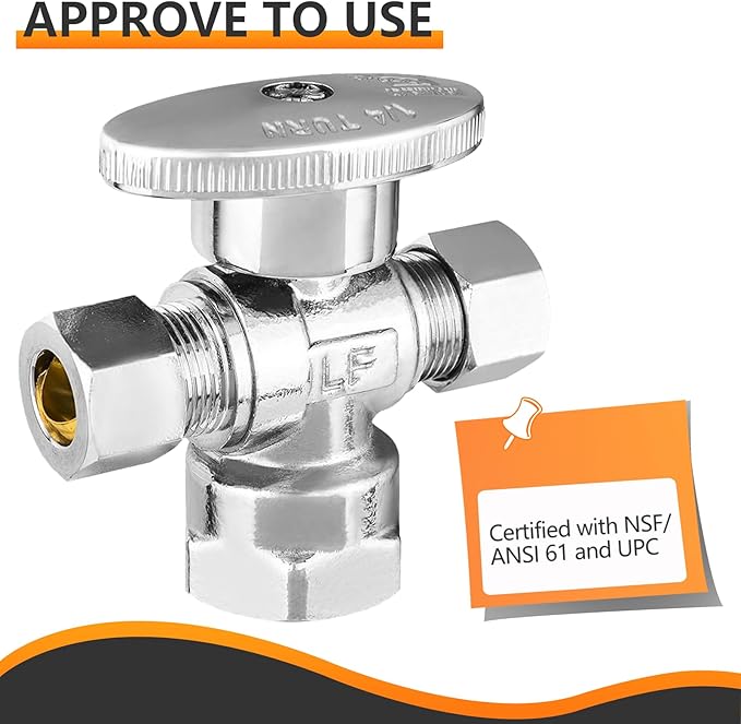 10-PCs HeSun Dual Compression Outlet Angle Stop Valve, 1/2" FIP x 3/8" OD Comp x 3/8" OD Comp, 1/4-Turn Shut Off Valve for Bathroom, PEX Chrome Plated Brass(VALVE369-10)