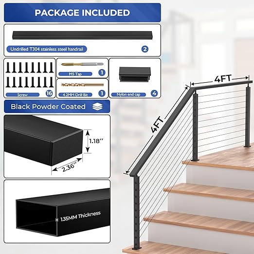 2Pack 4FT T304 Stainless Steel Black Handrail with End Cap Kits for Cable Railing System Posts Kit, Cuttable Rectangular Handrails Flat Top Rail - 2.36" W x 1.18" H