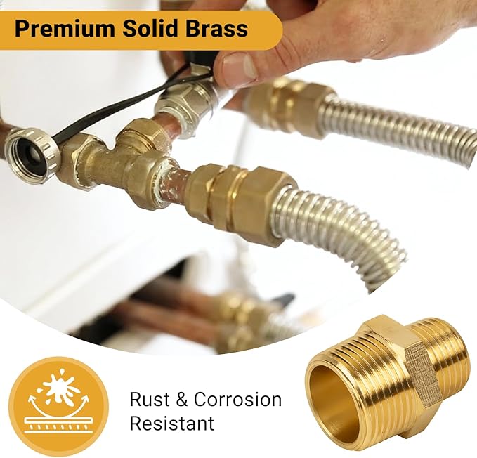 Brass Pipe Fitting Kit 15PCS, NPT Brass Hex Nipple Male to Male Adapter Set – 1/8", 1/4", 3/8", 1/2" Sizes for Plumbing, Air Compressor, and Industrial Use