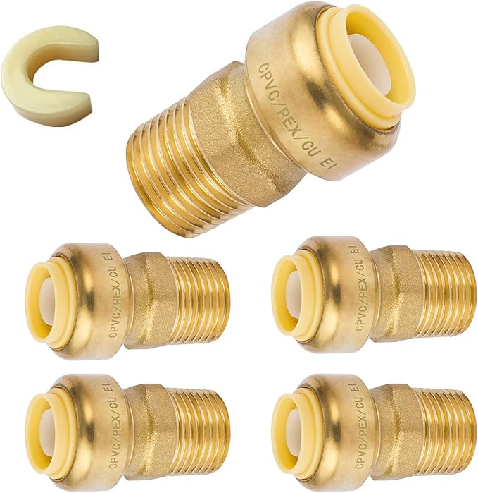 HeSun 5-Pack Pushfit Male Adapter, 3/4" MNPT x 3/4" Push to Connect Plumbing Fittings with Disconnect Clip, Brass Push-fit Fittings for PEX, Copper, CPVC, PE-RT Pipes