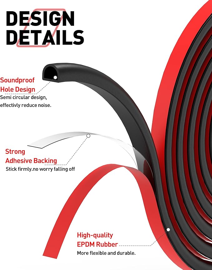 Rubber Weather Stripping Self Adhesive Door Weather Strip D Shape EPDM Rubber Seal Strip for Door and Window, RV, Boat, Car, Truck, Marine, 26 FT, (3/4" W × 5/8" T)
