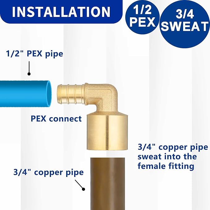 (10 Pack) Lidertik Copper to Pex Fittings Elbow, 1/2" Pex B F1807 x 3/4" Female Sweat Elbow Adapter Brass LI-APXFSE1234 (10 Pieces)