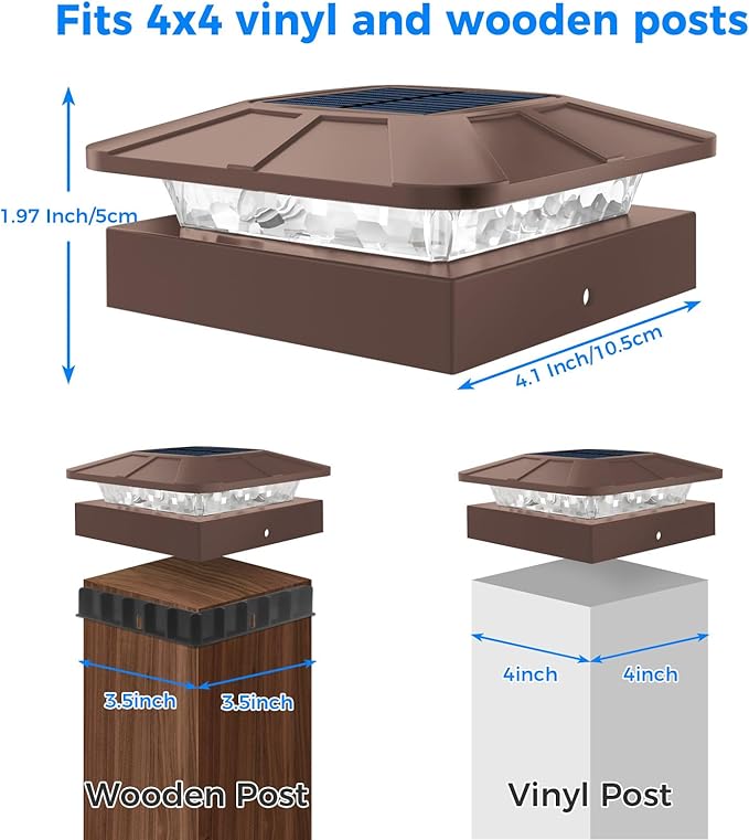 Peasur 4x4 Solar Post Cap Lights Outdoor with 3 Modes, Brown Fence Light Solar Powered Waterproof, Wood/Vinyl Deck Posts Lights for Deck Yard Garden Patio Porch Railing Outside