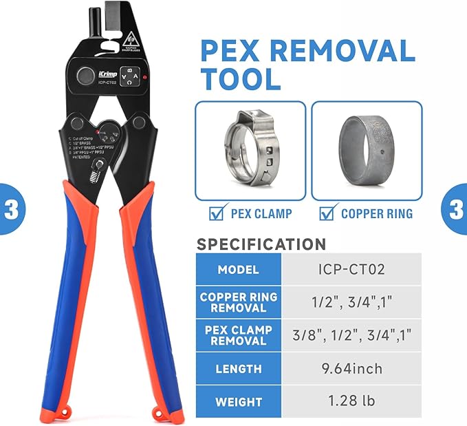 iCrimp PEX Crimping Tool Set for Copper Crimp Ring and PEX Cinch Clamp, Crimping and Removing PEX Crimp Fittings 1/2'', 3/4'', 1'', 7 Pieces