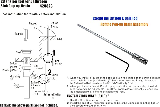 Artiwell Extension Rod for Bathroom Pop-Up Vertical/Horizontal Rods, 6 Inch Pop Up Drain Extension Rod for Bathroom Sink Drain Assembly,Chrome Plated