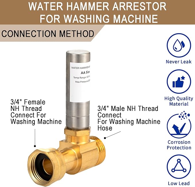 [2 Pieces] Lingmfg Water Hammer Arrestor For Washing Machine, 3/4 Inch Female Thread Swivel Nut x 3/4 Inch Male Thread Brass