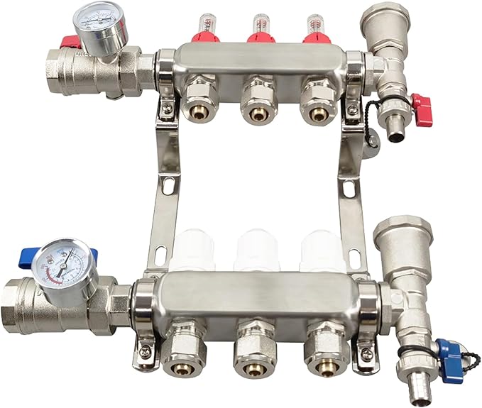 3 Branch PEX Radiant Floor Heating Manifold Set, Floor Heating Water Distributor 1/2" Pipe Adapter 304 Stainless Steel and Brass, for Heating Systems