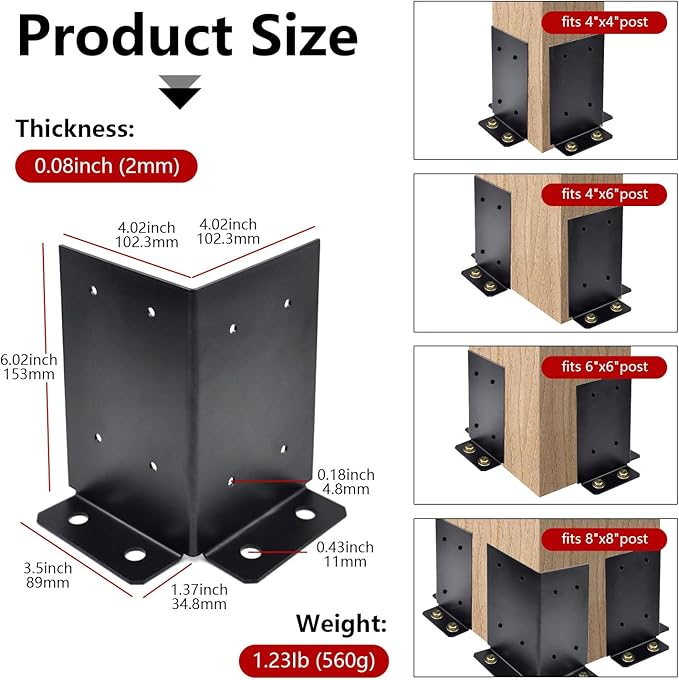 4 Pcs Post Anchor Brackets Kit for 4x4 6x6 8x8 Post, Heavy Duty Wood Fence Deck Tough Post Anchor Base Brackets for Deck Supports, Porch Railings, Handrails and Post Holders