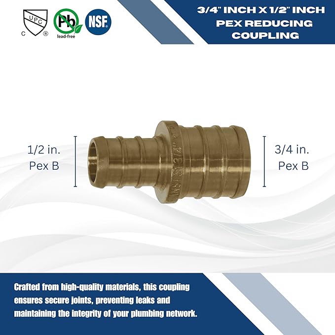 XFITTING 25 PCs Pex Coupling, 3/4" x 1/2" Brass, Pex Pipe Fitting, Plumbing