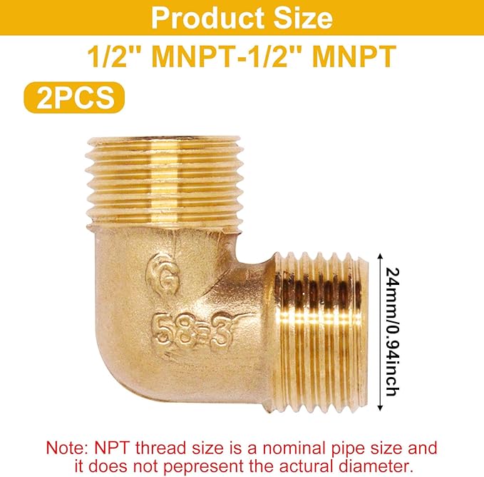 2pcs Brass Pipe Fitting 90 Degree Elbow 1/2" NPT Male to 1/2" NPT Male Pipe Fittings
