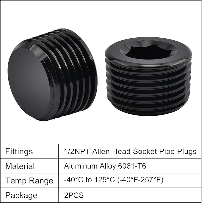 EVIL ENERGY 1/2" NPT Plugs Aluminum Socket Allen Head Black, Pack of 2