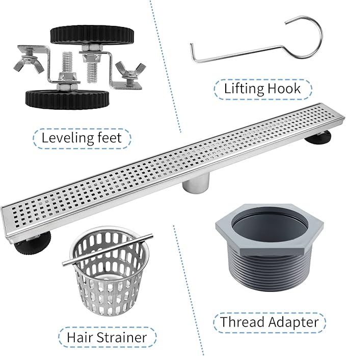 Linear Shower Drain 26", 304 Stainless Steel Floor Drain with Grid Drain Cover & Hair Strainer, Rectangular Shower Drain w/CUPC Certified, Brushed