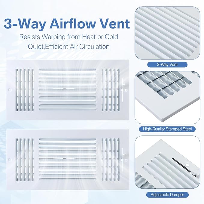 3 Pcs White 14 x 6 Inch Three-Way Ventilation Register Air Ceiling Vent Cover Floor Register Metal Heat Vent Covers with Rust Proof for Wall Ceiling Home Bathroom Toilet or Office