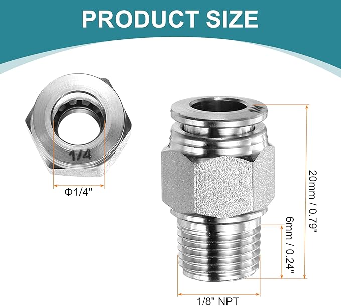 HARFINGTON Push to Connect Fittings 1/4" Tube OD x 1/8" NPT Thread Male Straight Union Fittings 304 Stainless Steel Quick Connect Pneumatic Accessories for Trailers Air Brake System