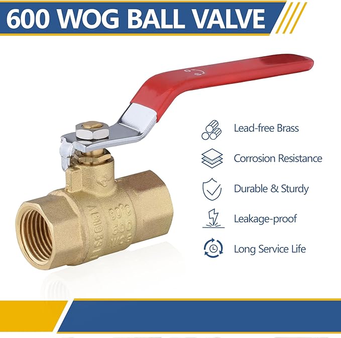 1/2" Heavy Duty Full Port Brass Ball Valve,600 WOG FNPT FIP Threaded Valve for Compressed Air, Water, Plumbing or Oil(2 Pack,Red Handle)(VALVE034-2Pack)