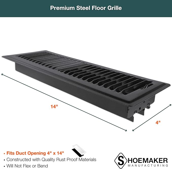 Shoemaker 4x14 Floor Register – Black Heavy Duty Metal Floor Vent Cover for Home Floors - Premium Forced Air Vent Covers