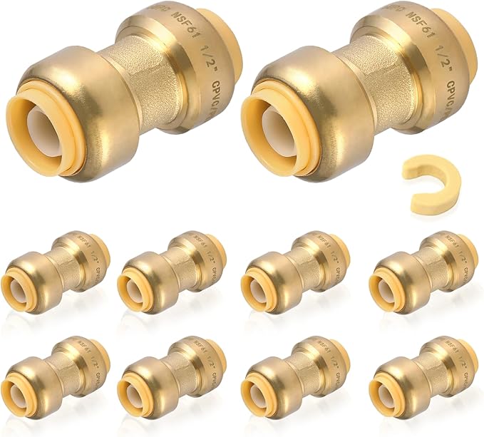 10-Pack HeSun Pushfit Coupling, 1" x 1" Push to Connect Plumbing Fittings with Disconnect Clip, Brass Push-fit Fittings for PEX, Copper, CPVC, PE-RT Pipes(PF009-10)