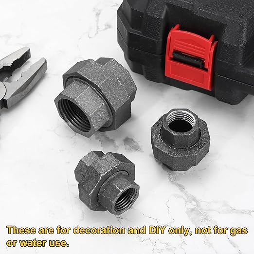 uxcell Pipe Fittings Union, 1/2 Inch Malleable Cast Iron Union Threaded for Vintage Retro Industrial Pipe, Furniture and DIY Decor Black, 8Pcs