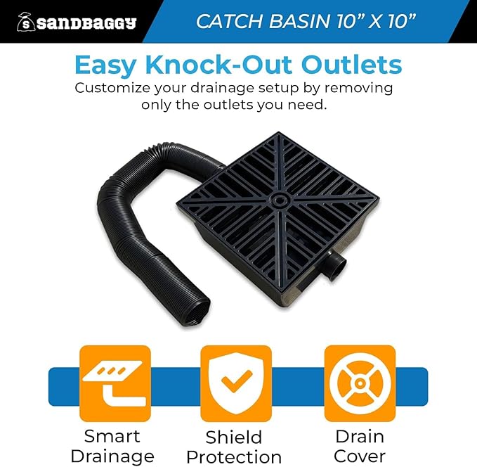 10" x 10" Catch Basin with Flexible Drain Pipe – Outdoor Drainage System - Sandbaggy (10x10, 1, Count)