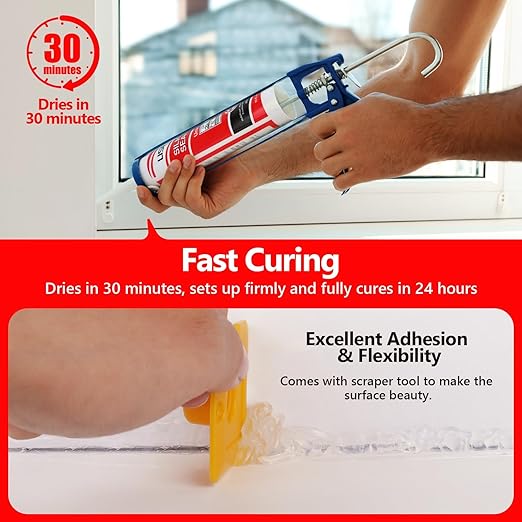 Clear Advanced Silicone Caulk & Sealant, 10Oz Cartridge, 100% Waterproof RTV Silicone Sealant for Kitchen and Bathroom, Shower, Toilet, Sink, Window and Door, Shrink & Crack Proof, 24 Pack