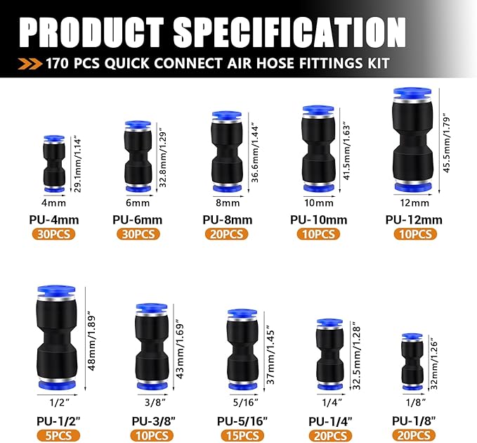 mankk 170PCS Straight Push to Connect Fittings 1/8" 1/4" 5/16" 3/8" 1/2"& 4/6/8/10/12mm Quick Connect Air Hose Fittings Quick Release Pneumatic Kit for Air Line M-G115-170PCS-BU