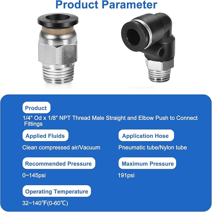 12 Pcs Push to Connect Fittings 1/4 Inch Tube OD x 1/8 Inch NPT Thread Pneumatic Male Straight and Elbow Quick Connect Air line fittings