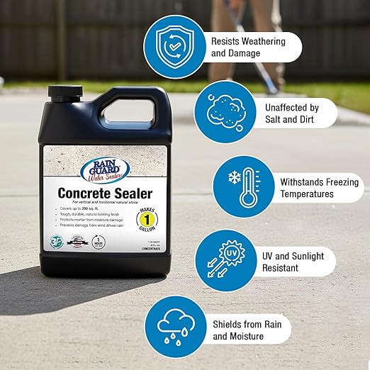 Rain Guard Water Sealers SP-4001 Concrete Sealer Concentrate Makes 1 Gallon - Clear Natural Finish - Deep Penetrating Water Repellent Protection for All Concrete Surfaces -Water-Based Silane/Siloxane