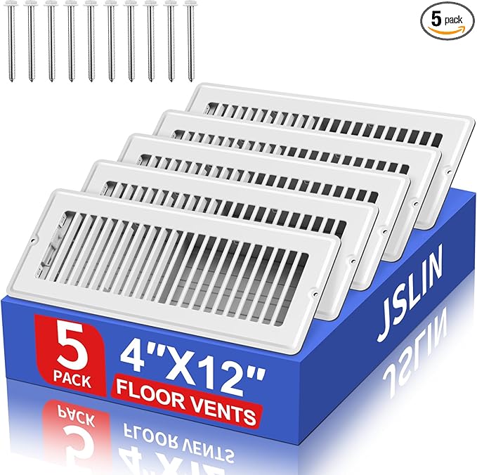 4x12 Floor Regsiter - 5 Pack Vent Covers for Home Floor Wall Ceiling - White with Screws for Easy Installation - Heavy Duty Steel Walkable Finish for Quiet Adjustable Airflow HVAC Register Grilles