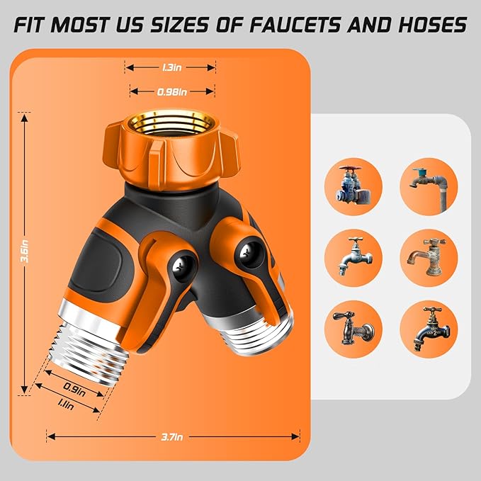 2 Way Garden Hose Splitter with Shut Off Valve,Water Spigot Splitter for 3/4" Hose Connector,Heavy Duty Metal Outdoor Faucet Splitter Y Connector for Hose,with 3 Leakproof Washers & 1 tape(2, Orange)