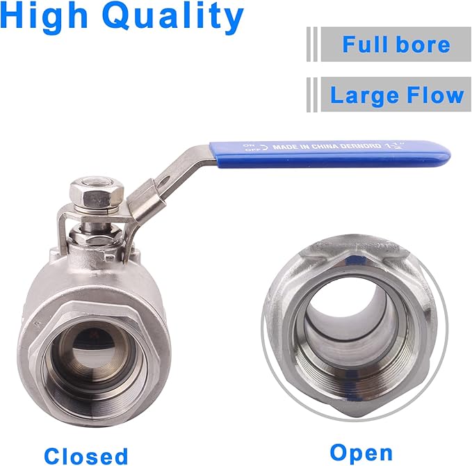 DERNORD Stainless Steel 304 Ball Valve, Full Port Heavy Duty for WOG with Locking Device (1-1/2" NPT)