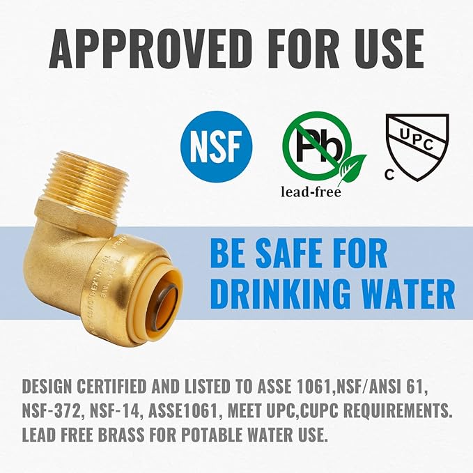SUNGATOR 3/4 Inch Male Adapter Elbow, 3/4 Inch MNPT, No Lead Brass Push-to-Connect Plumbing Fittings for PEX Pipe, Copper, CPVC, with 1 Disconnect Clip and 1 Sealing Tape, Pack of 6