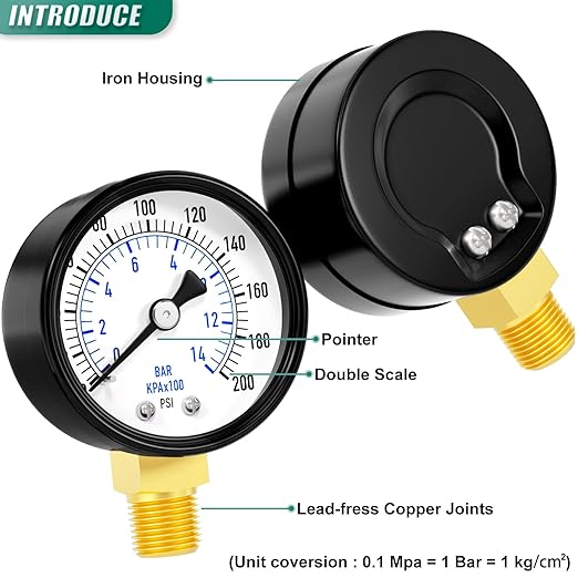 0-200psi Well Pump Pressure Gauge 1/4" NPT 2" Face Dial Size Lower Mount, Multifunctional Practical Dry Pressure Gauge, for Water, Oil and Air Compressor