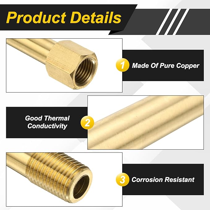 PATIKIL 1/4" g Male x 1/4" g Female Brass Pipe Fitting, Nipple Brass Fitting Extension Pipe Fittings Adapter Connection with Tape 4 Inch / 100mm Length
