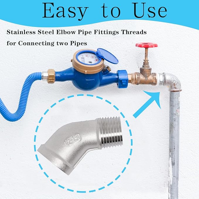 2PCS 304 Stainless Steel 45 Degree Elbow, 1/2" NPT Male Pipe to 1/2" NPT Female Coupler, Heavy Duty Forged Street Elbow Adapter Pipe Fittings, Class 150