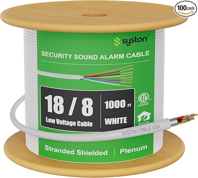 SYSTON 18/8 Fire Security Burglar Station Sound Alarm Control Cable Wire, 18 AWG 8 Conductors Plenum-Rated CMP/CL3P Shielded 100% Copper Stranded, UV Resistant RoHS for Low Voltage Applications Use