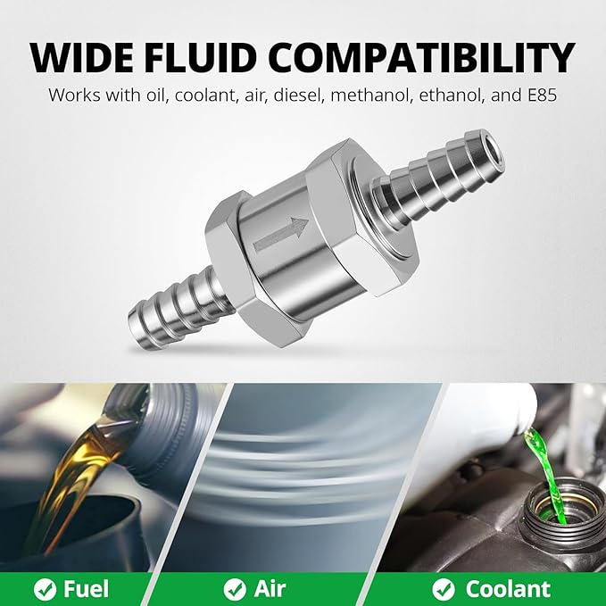 EVIL ENERGY 1/4'' (6mm) Check Valve, 2 Pcs Aluminum One Way Fuel Check Valve for Gasoline, Diesel & Coolant with Universal Hose Clamps, Silver