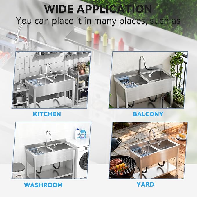 46.9Inch Stainless Steel Utility Sink 2-Compartment Commercial Sink with Pull-out Faucet, Free Standing Double Bowl Kitchen Sink for Restaurant, Garage, Shop, Cafe