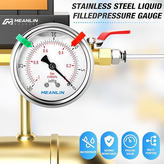 MEANLIN MEASURE -30inHG~0Psi Vacuum Pressure Gauge 1/4" NPT 2.5" FACE DIAL, Stainless Steel Liquid Filled Pressure Gauge WOG Water Oil Air Center Back Mount (with 2PCS Snaps)