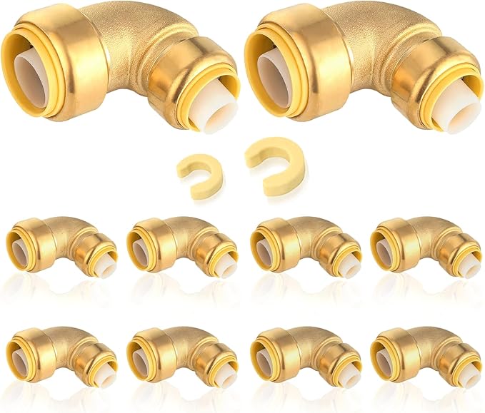 10-Pack HeSun Pushfit 90 Degree Elbow, 3/4"x1/2" Push to Connect Plumbing Fittings with Disconnect Clips, Brass Push-fit Fittings for PEX, Copper, CPVC, PE-RT Pipes(PF052-10)
