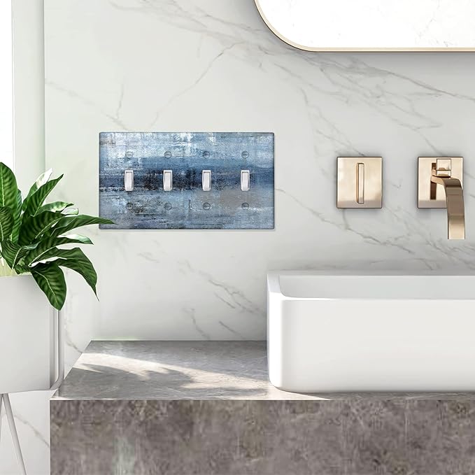 Blue Grey Light Switch Cover 4 Gang Toggle Decorative Wall Switch Plates Abstract Art Wallplates for Kitchen Outlets Cover Bedroom Decor