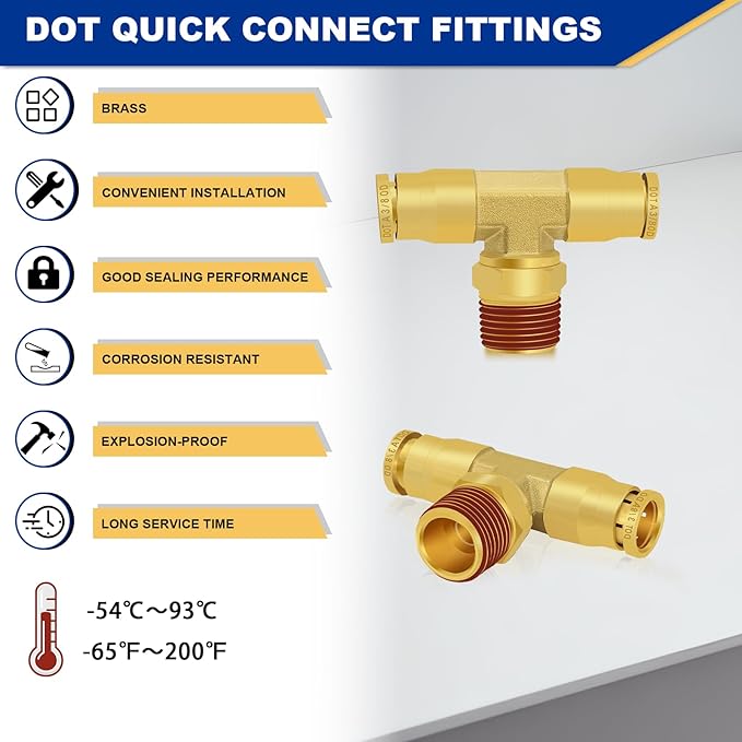3/8" DOT Air Brake Fittings Tee, 3PCS Brass Push to Connect Fittings 3/8" Tube OD × 3/8" NPT × 3/8" Tube OD Tee Union to Male Pipe Swivel for Truck Trailers Air Brake System
