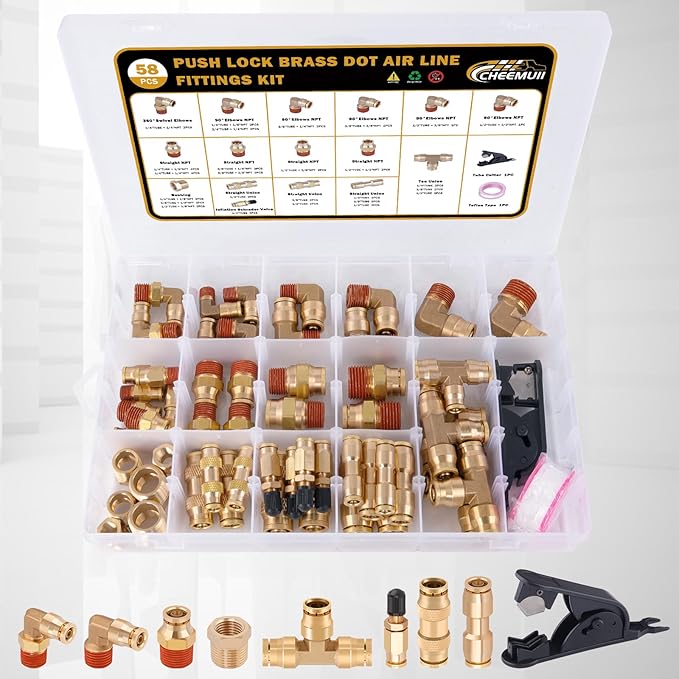 CheeMuii 58 Pcs Brass DOT Air Line Fittings Kit Push Lock DOT Air Fittings Push to Connect Fittings NPT Thread & Quick Connect Air Hose Fittings for Air Line Air Hose Pneumatic Tubing