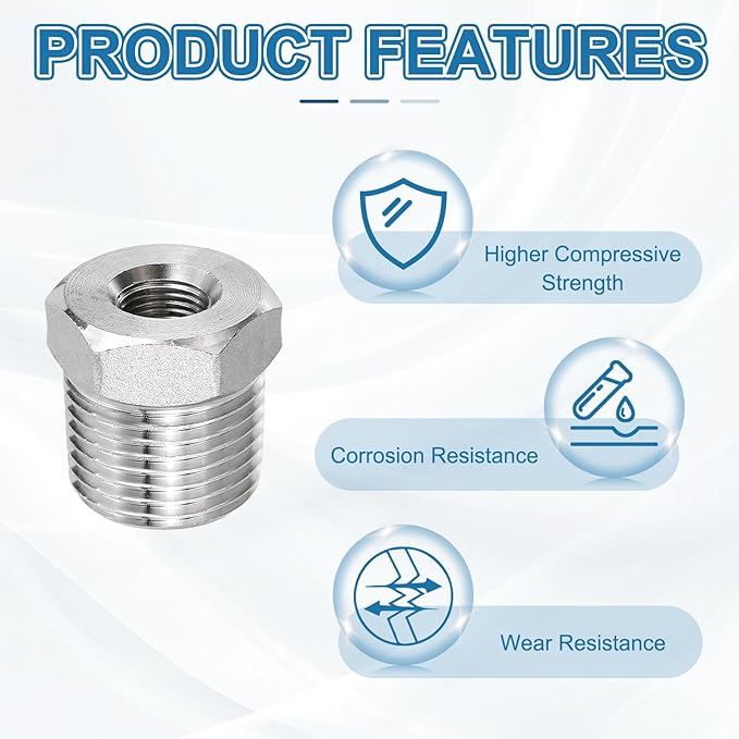 PATIKIL 304 Stainless Steel Reducer Hex Bushing 2 Pcs, 1/2" BSPT Male to 1/8" BSPT Female Pipe Reducing Adapter Fitting Connector for Water Gas Hydraulic Pipes Shower Hose, Silver