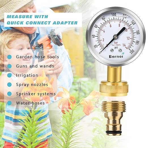 Water Pressure Gauge Kit, Glycerin Filled Test with Lead-Free Brass Hose Fittings, 3/4'' Female Coupler Plus 5 Adapters to in Multiple Systems, 2-2/3'' dial, 0-200 Psi