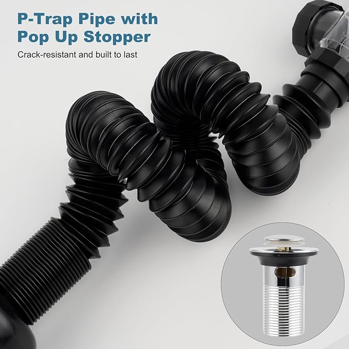 iFealClear Bathroom Sink Drain Kit, Flexible P-Trap Drain Pipe with Pop Up Stopper, Expandable Bathroom Sink Pipe Replacement with 2 Adapters, Fits 1-1/4'', 1-1/2'', 2" Holes, Hair Catcher, Chrome