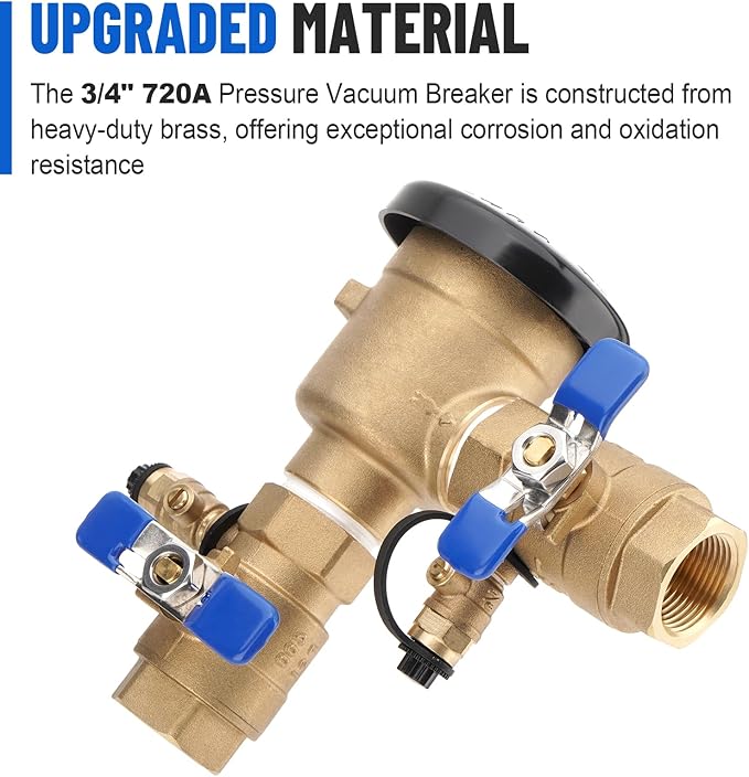SPARKWHIZ 3/4" 720A Pressure Vacuum Breaker Assembly, Brass Backflow Preventer Valve, for Lawn Irrigation, Garden Watering, Commercial Water Supply Systems, and Industrial Water Systems, Max 400 PSI