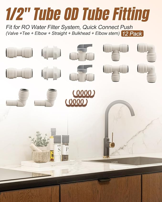 1/2" Tube OD Tube Fittings Kit Fit for RO Water Filter System, Quick Connect Push (Valve + Tee + Elbow + Straight + Bulkhead + Elbow stem), 12 Pack