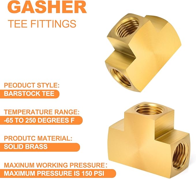 GASHER 1 Pcs Brass Barstock Tee, 1/4" x 1/4" x 1/4" NPT Female Pipe Fittings